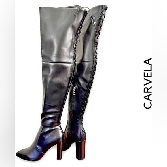 KURT Geiger Pointed Toe Knee High Lace-Up Black Leather High Block Heeled Boots - Picture 1 of 16